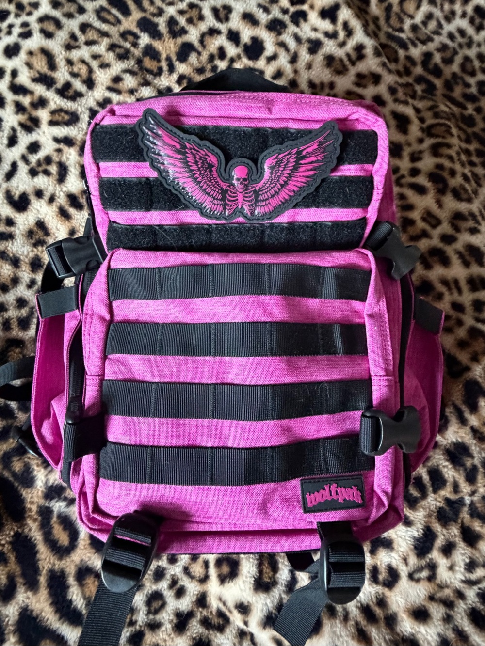 Pink Tactical-Style Backpack with Winged Skull Patch - Picture 8 of 8